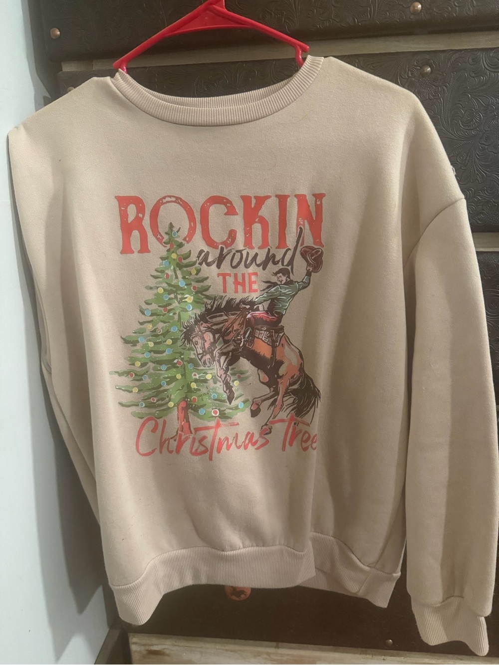 Womans Beige 'Rockin Around the Christmas Tree' Graphic Sweatshirt